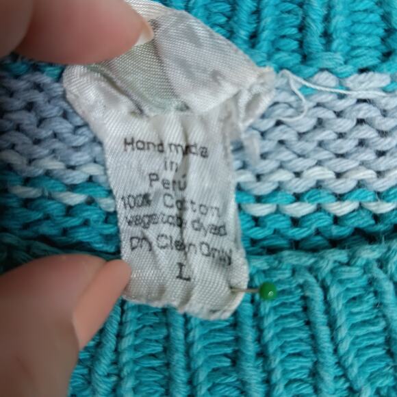 Vintage Andina Pullover Sweater Size Large Green Aqua 100% Cotton Dry Clean Only - Picture 4 of 8